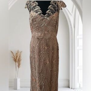 KAY UNGER NEW YORK BRONZE LACE CAP SLEEVE  Evening Dress